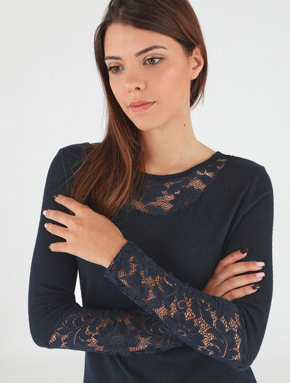 Pull droit uni col et manches en dentelle - Marine - 6