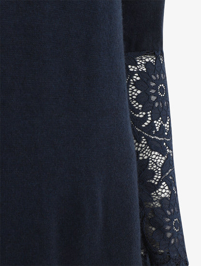 Pull droit uni col et manches en dentelle - Marine - 3