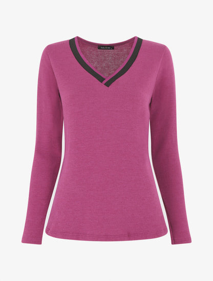 Pull droit uni col V contrastant - Violine - 1