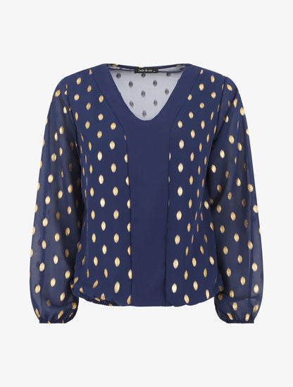 Top élastiqué col V motif irisé - Marine - 1