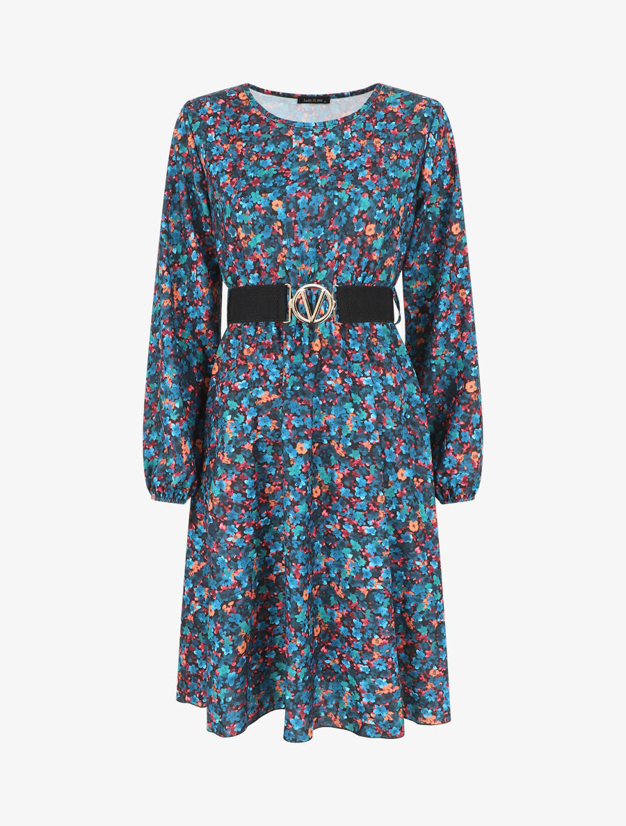 Robe mi-longue évasée imprimé fleuri - Bleu canard - 6