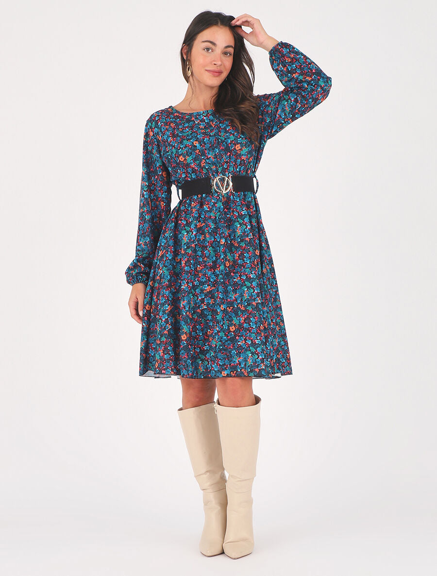 Robe mi-longue évasée imprimé fleuri - Bleu canard - 4