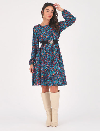 Robe mi-longue évasée imprimé fleuri - Bleu canard - 4