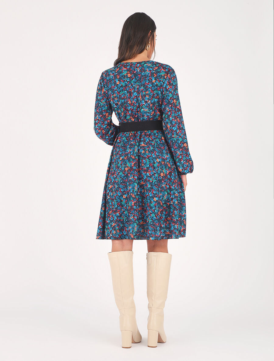 Robe mi-longue évasée imprimé fleuri - Bleu canard - 5