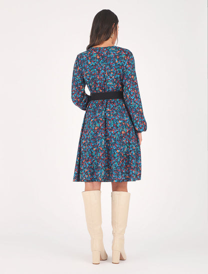 Robe mi-longue évasée imprimé fleuri - Bleu canard - 5