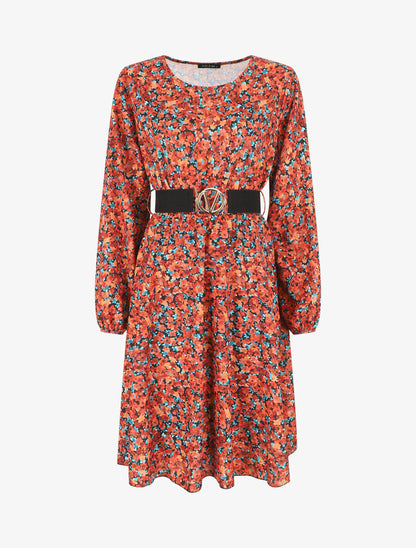 Robe mi-longue évasée imprimé fleuri - Orange - 7