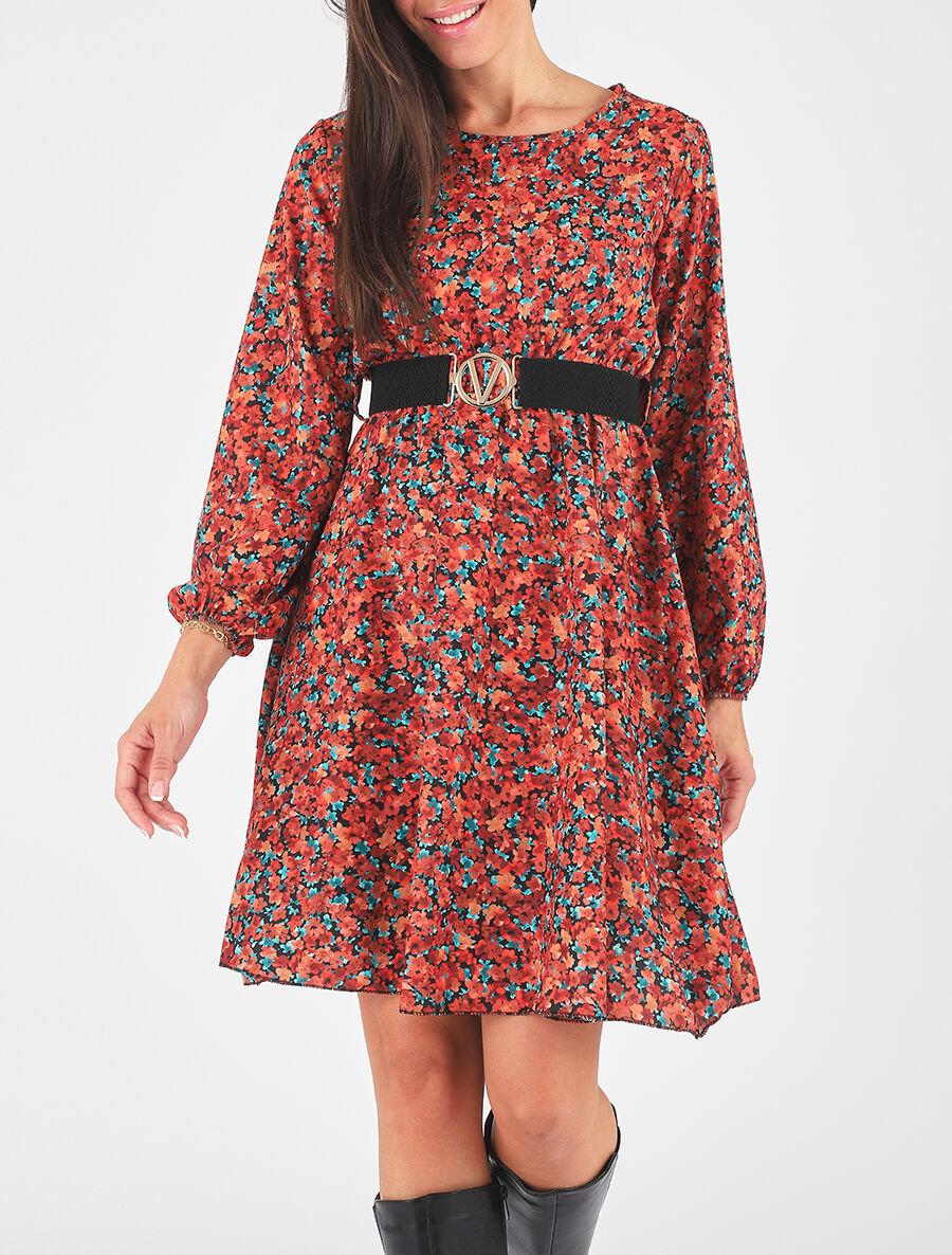 Robe mi-longue évasée imprimé fleuri - Orange - 4