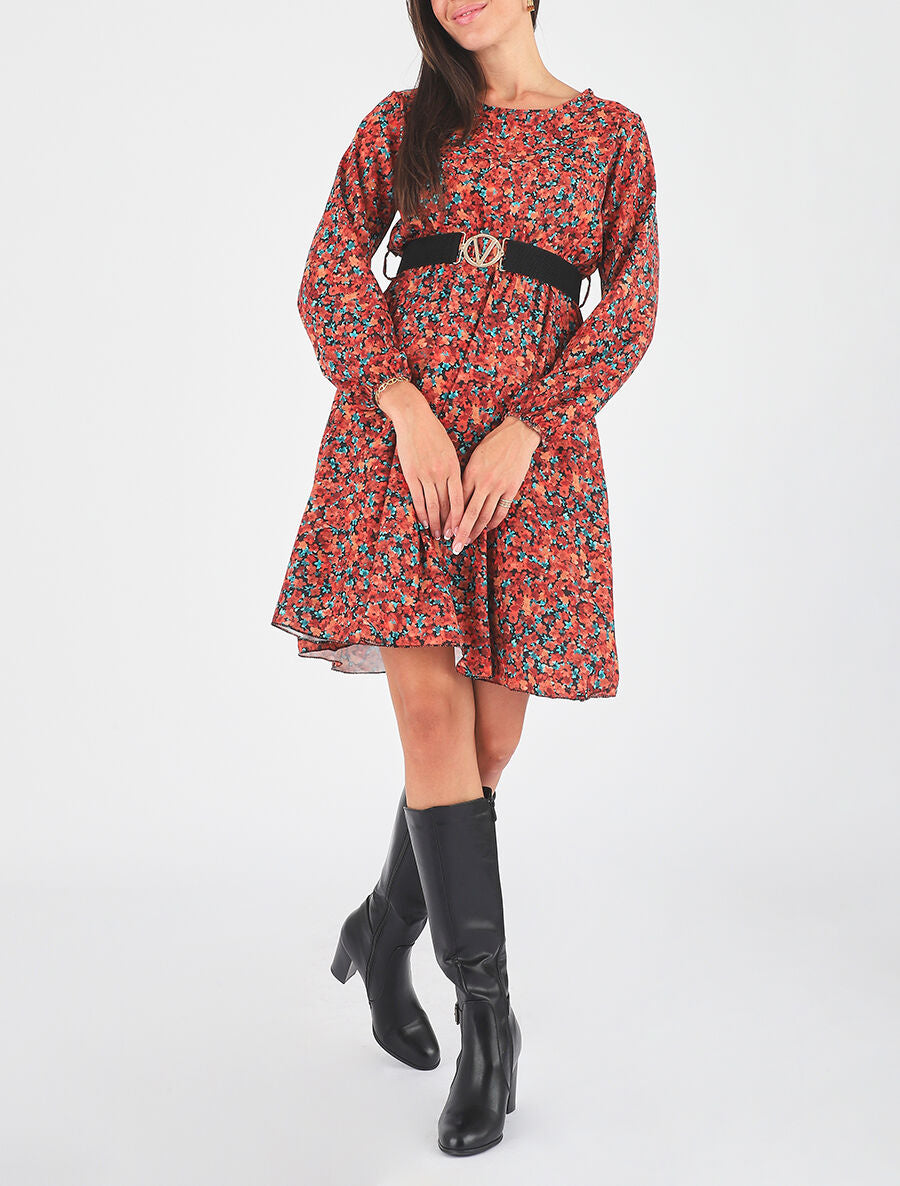 Robe mi-longue évasée imprimé fleuri - Orange - 5