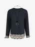 Pull fin bi-matière à imprimé fantaisie - Marine - 4