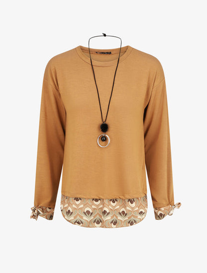 Pull fin bi-matière à imprimé fantaisie - Camel - 4