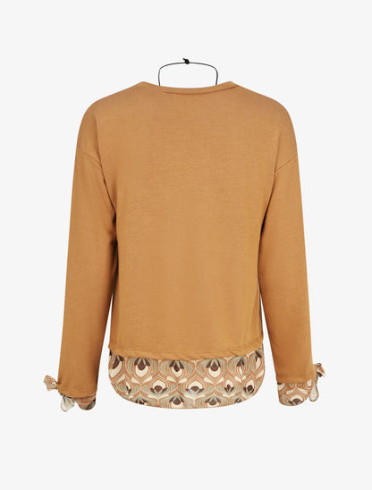 Pull fin bi-matière à imprimé fantaisie - Camel - 2