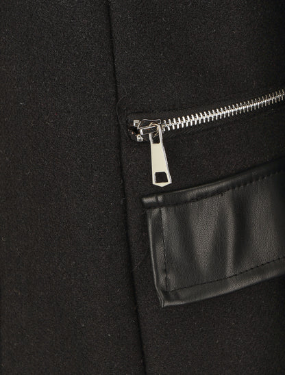 Manteau bi-matière à capuche en fausse fourrure - Noir - 3