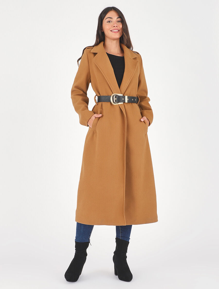 Manteau long droit à ceinture - Camel - 4