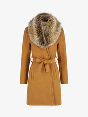 Manteau long col en fourrure - Camel - 4