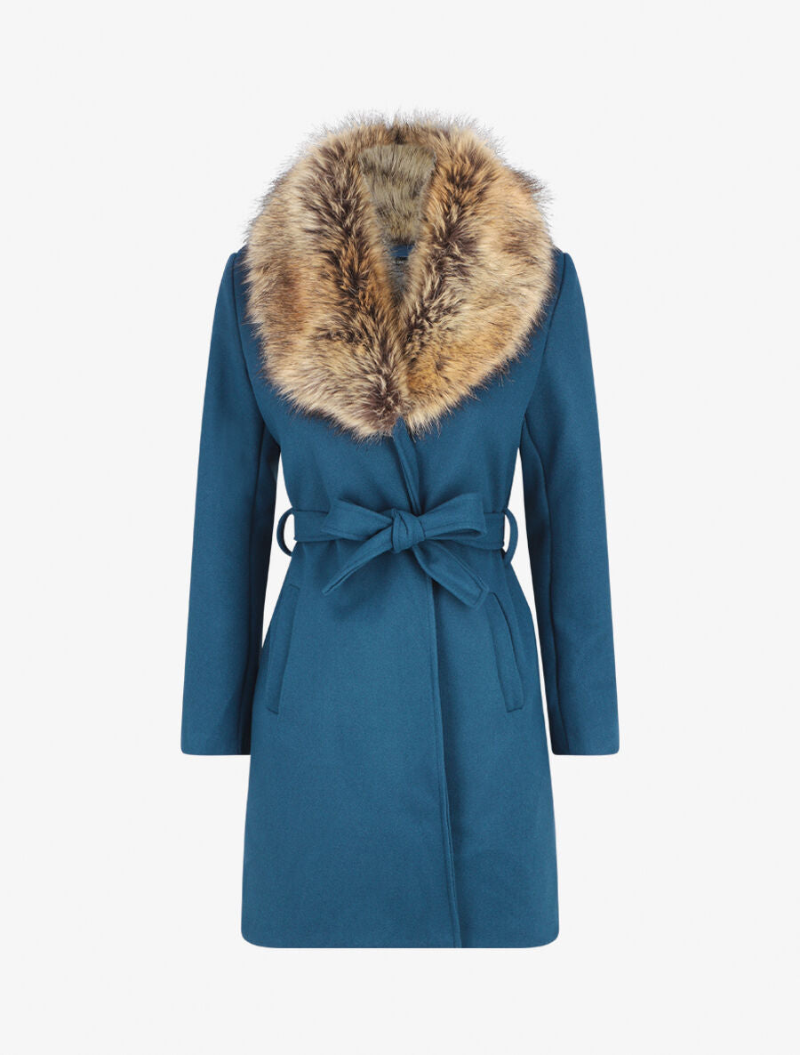 Manteau long col en fourrure - Bleu canard - 4
