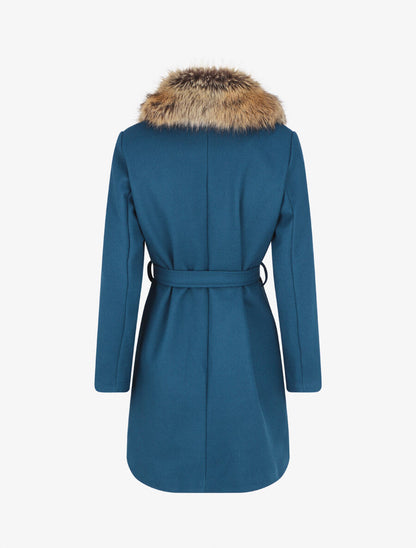 Manteau long col en fourrure - Bleu canard - 2