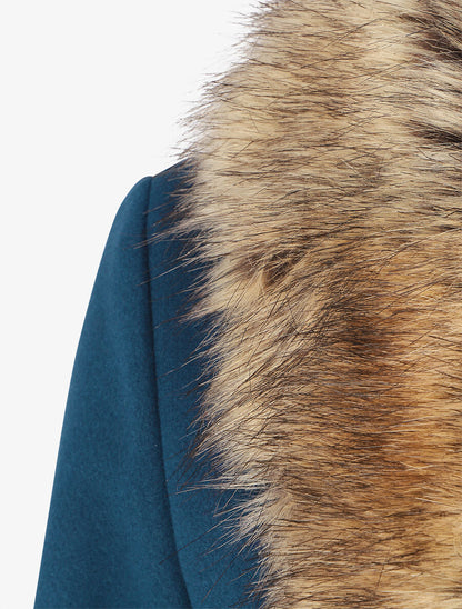 Manteau long col en fourrure - Bleu canard - 3