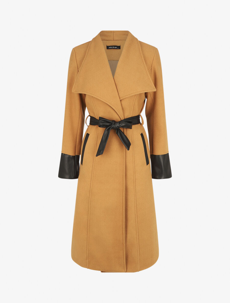 Manteau uni à manches en simili - Camel - 1