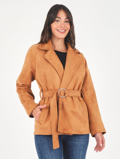 Veste droite en suédine ceinturée - Camel - 4