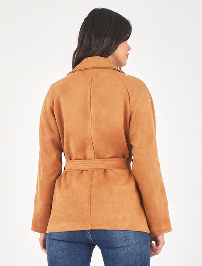 Veste droite en suédine ceinturée - Camel - 5