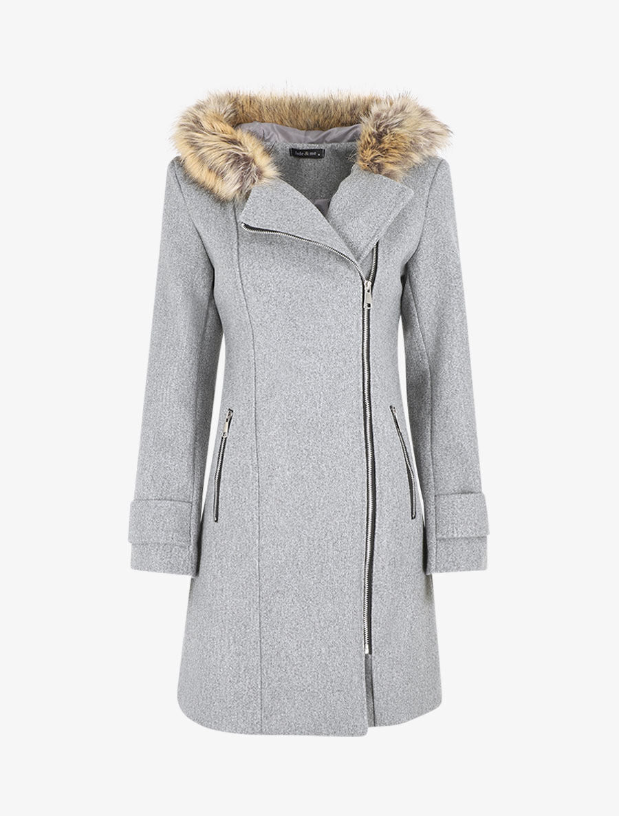 Manteau zippé à capuche fausse fourrure - Gris - 1