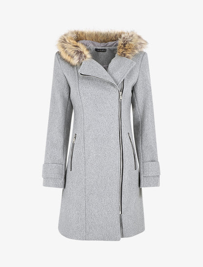 Manteau zippé à capuche fausse fourrure - Gris - 1