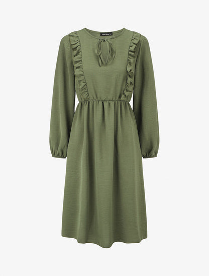 Robe uni à col en V décolleté - Kaki - 1