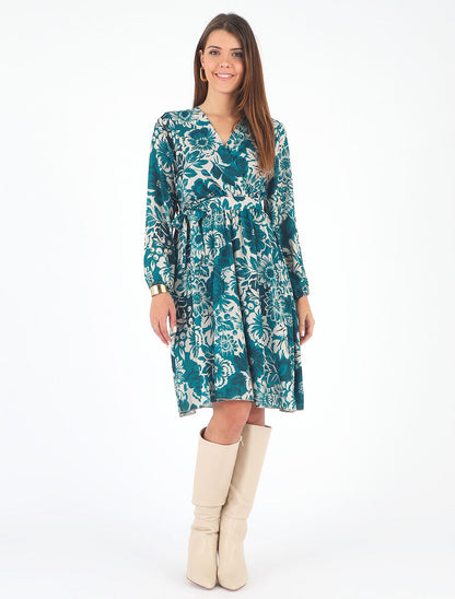 Robe mi-longue fleuri coupe évasée - Bleu canard - 4