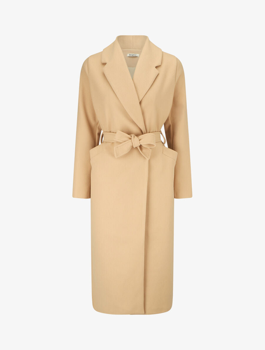 Manteau long uni ceinturé - Beige - 4