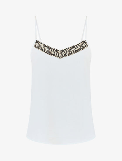 Débardeur droit col V motif ethnique - Blanc - 1