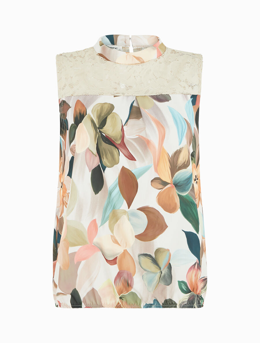 Top dentelle à imprimé fleuri - Beige - 1