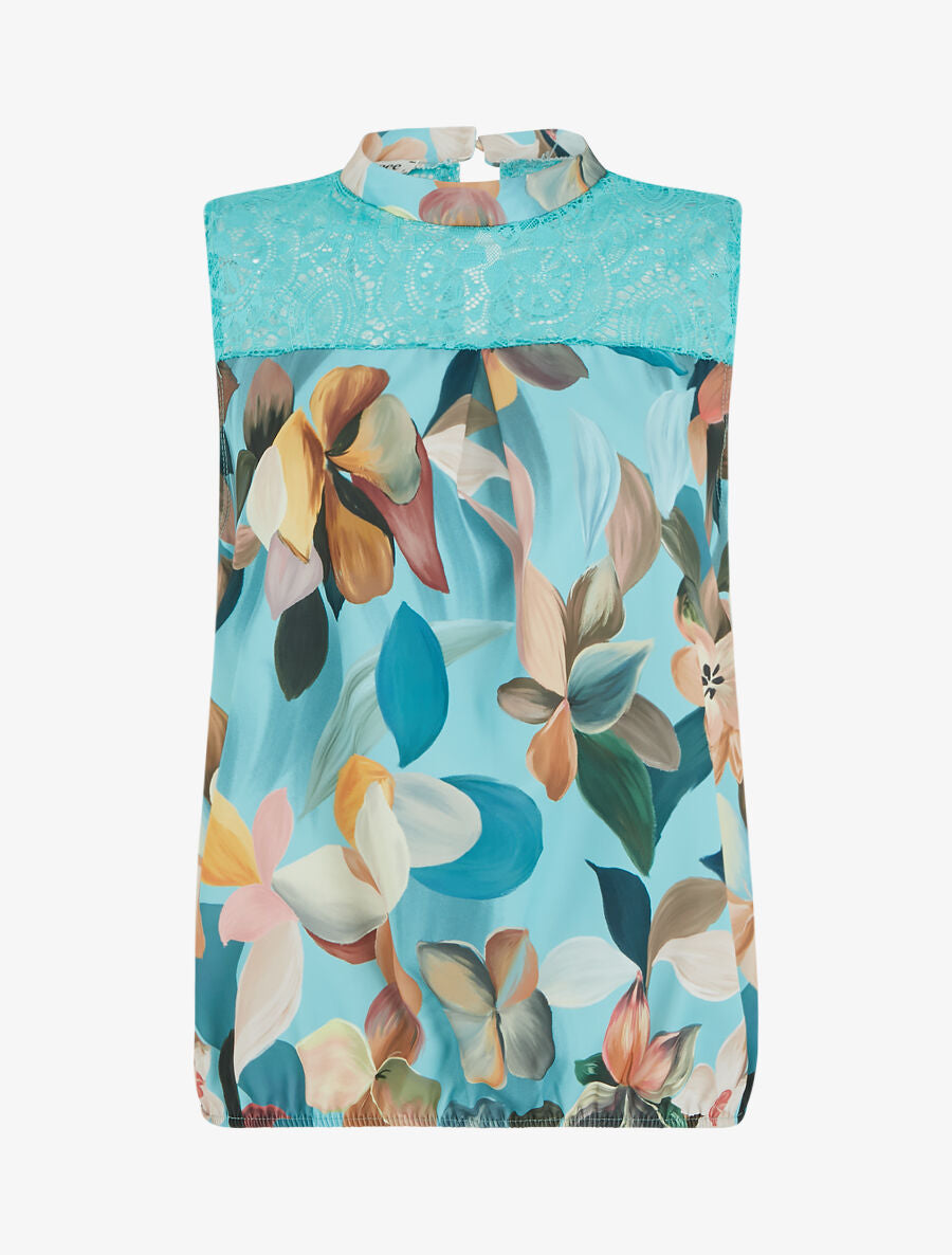 Top dentelle à imprimé fleuri - Turquoise - 4