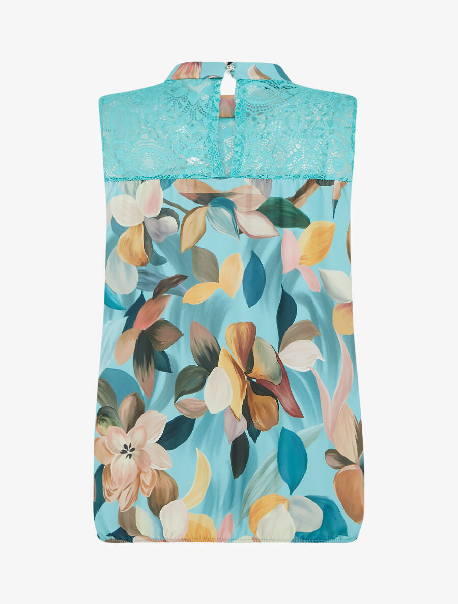 Top dentelle à imprimé fleuri - Turquoise - 2