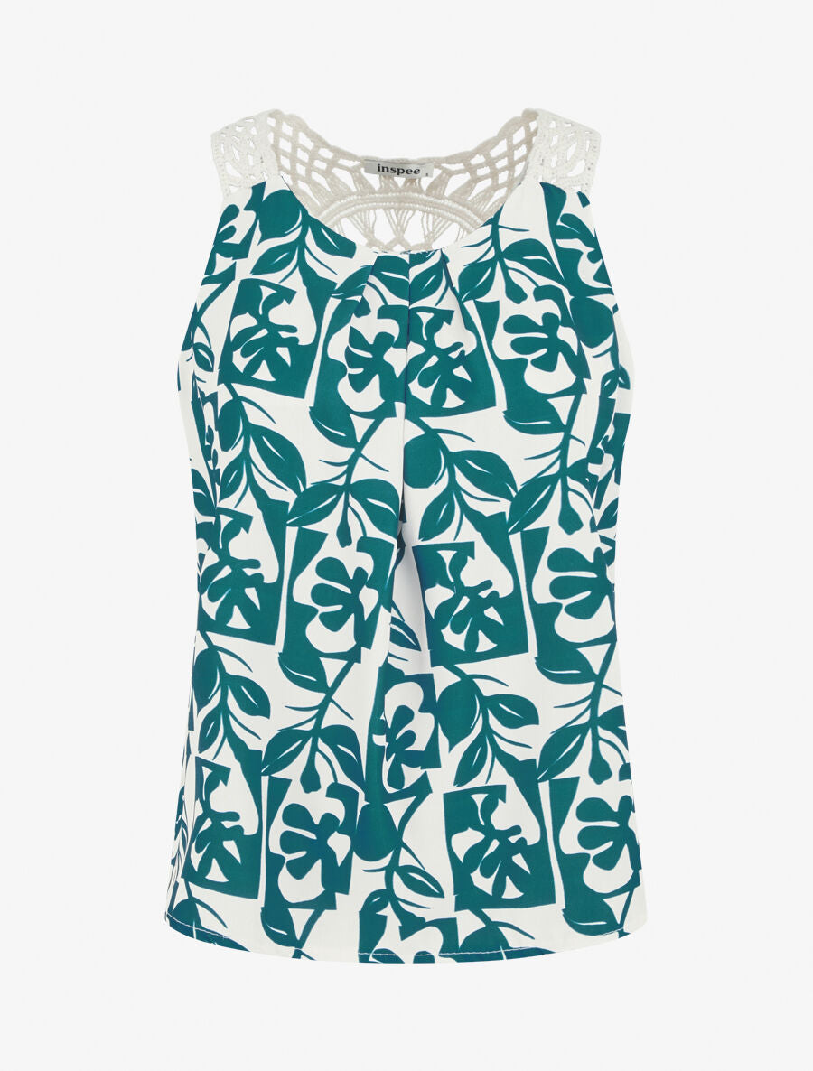 Top fluide imprimé et bretelles en crochet - Bleu canard - 3