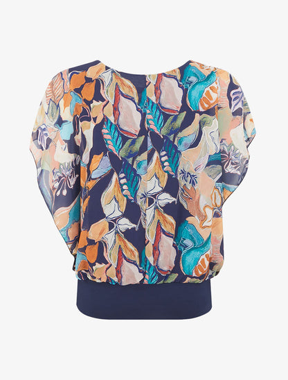 Blouse imprimé feuilles à manches volantées - Marine - 2