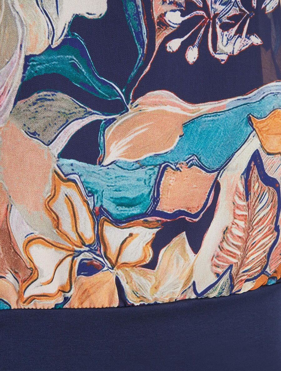 Blouse imprimé feuilles à manches volantées - Marine - 3