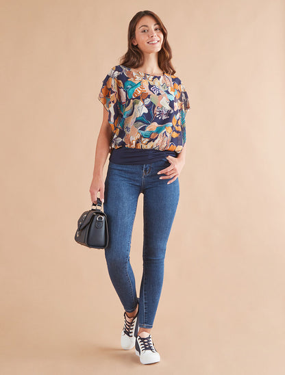 Blouse imprimé feuilles à manches volantées - Marine - 4