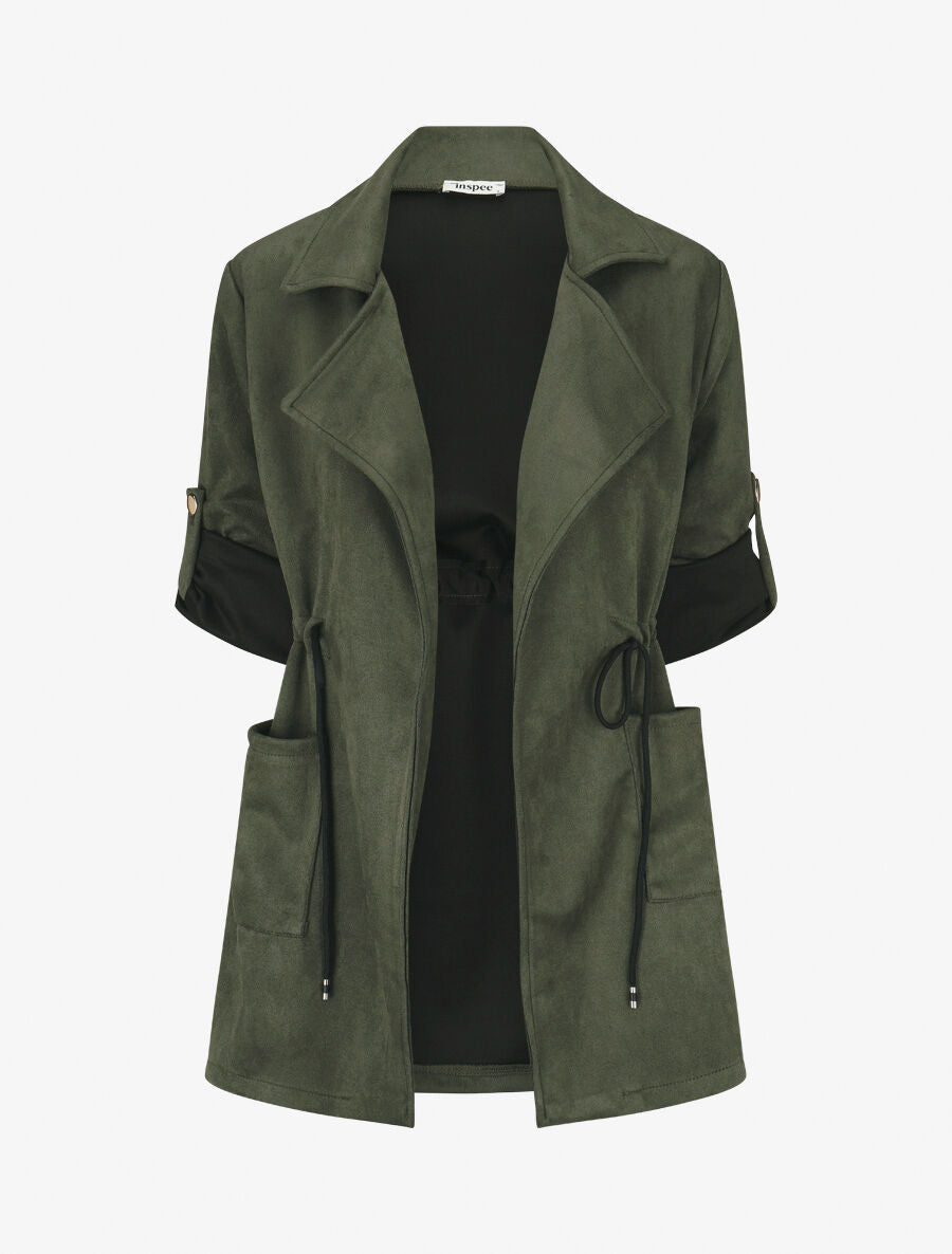 Veste longue unie en suédine - Kaki - 5