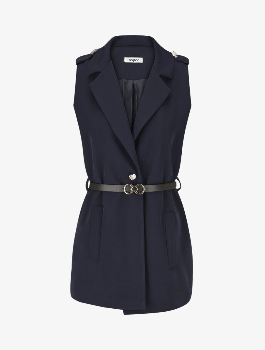 Blazer long uni à boutons métallisés aux épaules - Marine - 1