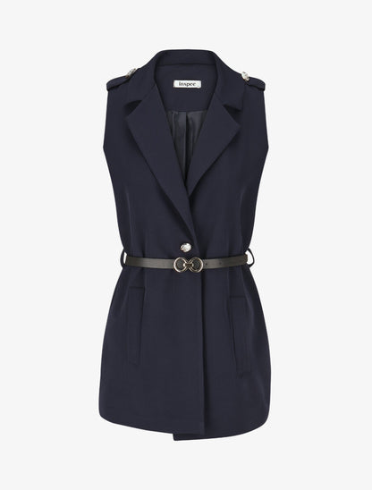 Blazer long uni à boutons métallisés aux épaules - Marine - 1