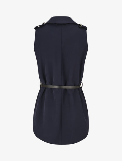 Blazer long uni à boutons métallisés aux épaules - Marine - 2