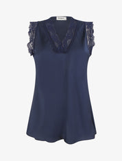 Top satiné à détail dentelle - Marine - 1