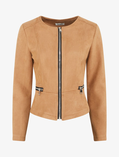 Veste en suédine à zips décoratifs - Camel clair - 1