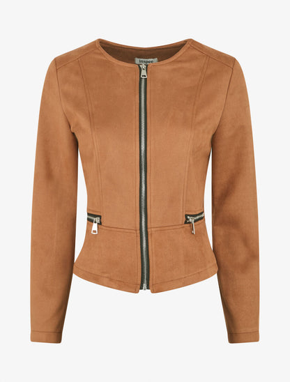Veste en suédine à zips décoratifs - Camel foncé - 1