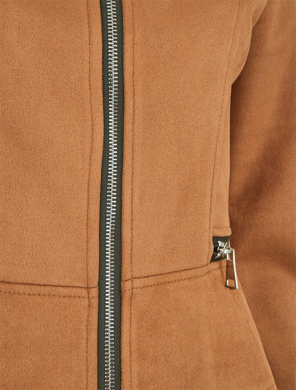 Veste en suédine à zips décoratifs - Camel foncé - 3