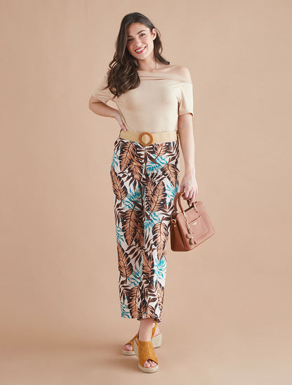 Pantalon ample imprimé tropical - Beige - 4