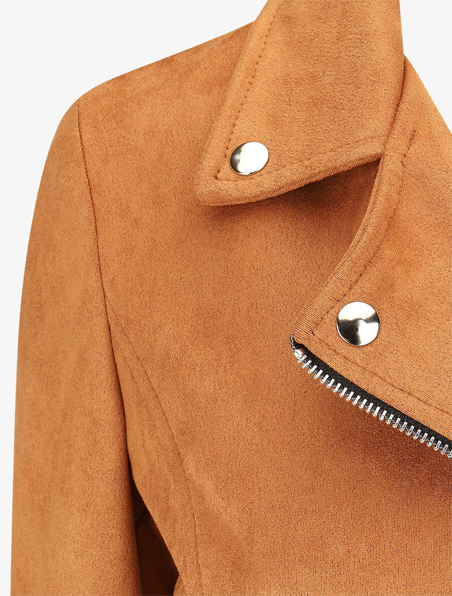 Veste en suédine à zips décoratifs et fermeture zippée - Camel foncé - 3