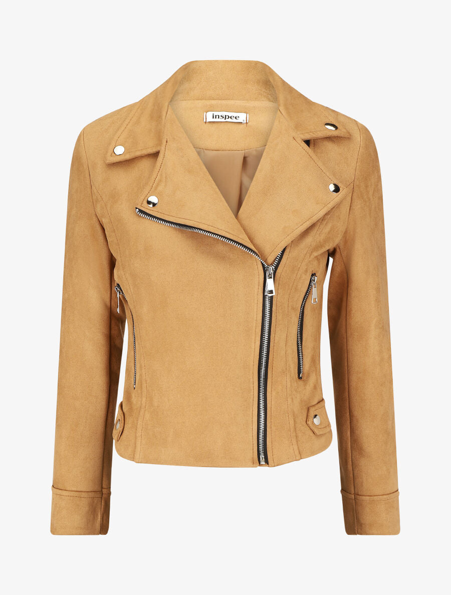 Veste en suédine à zips décoratifs et fermeture zippée - Camel clair - 1
