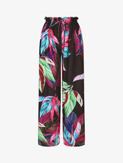 Pantalon ample taille haute imprimé feuilles - Noir - 1