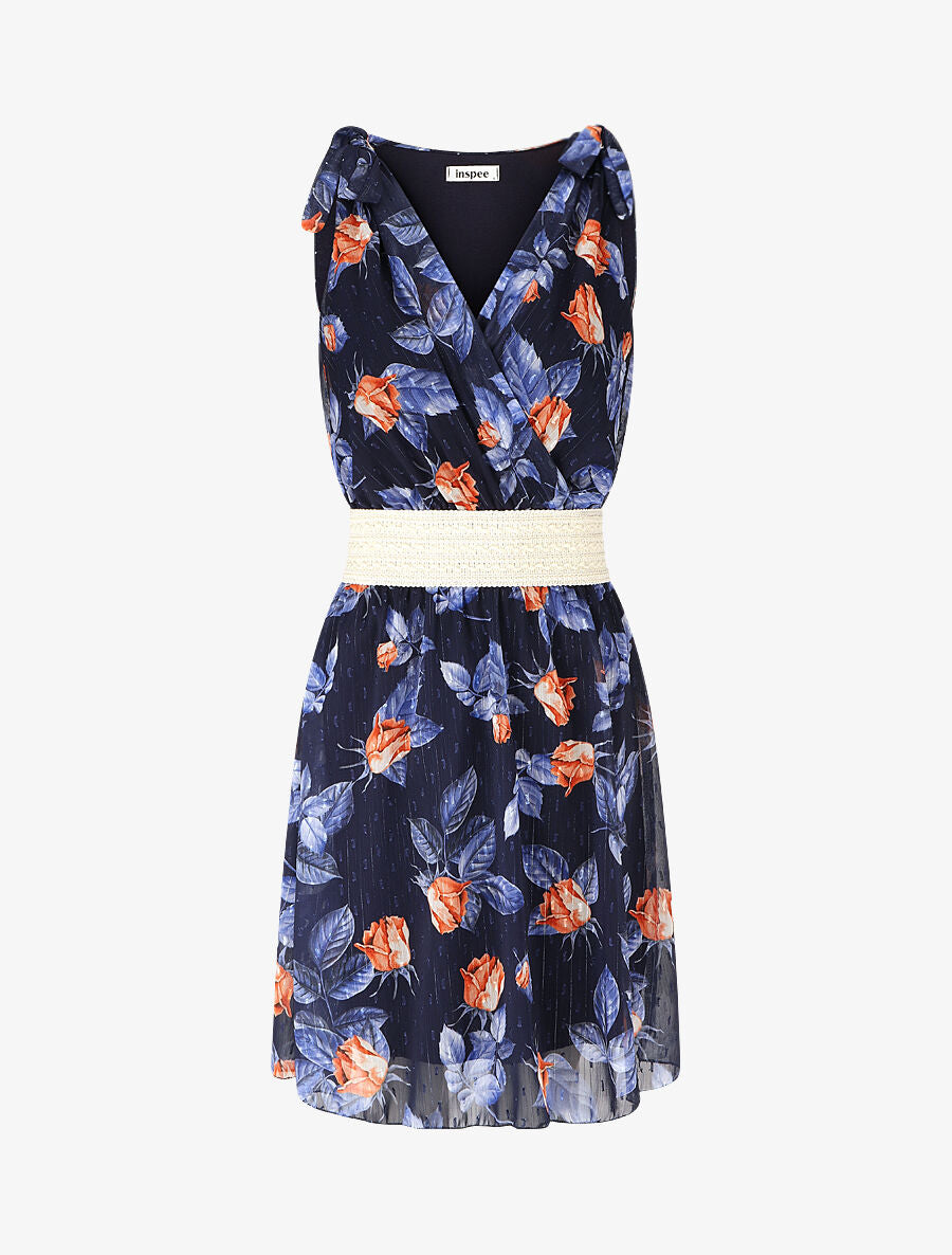 Robe mi-longue sans manches imprimé roses - Marine - 4